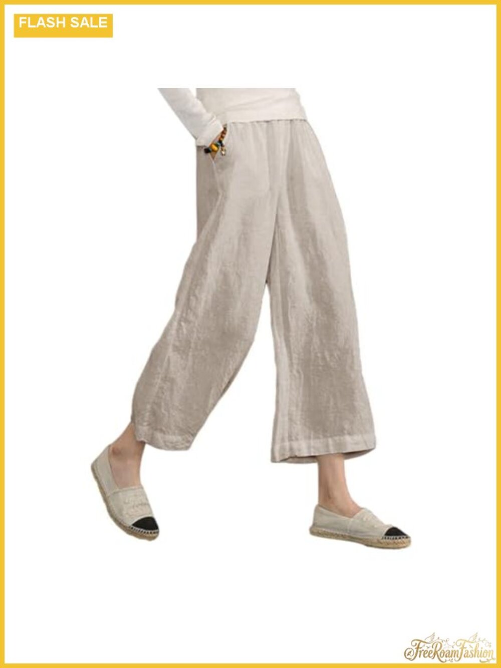 Linen Cotton Cropped Capri Pants High Waist Wide Leg Pull On